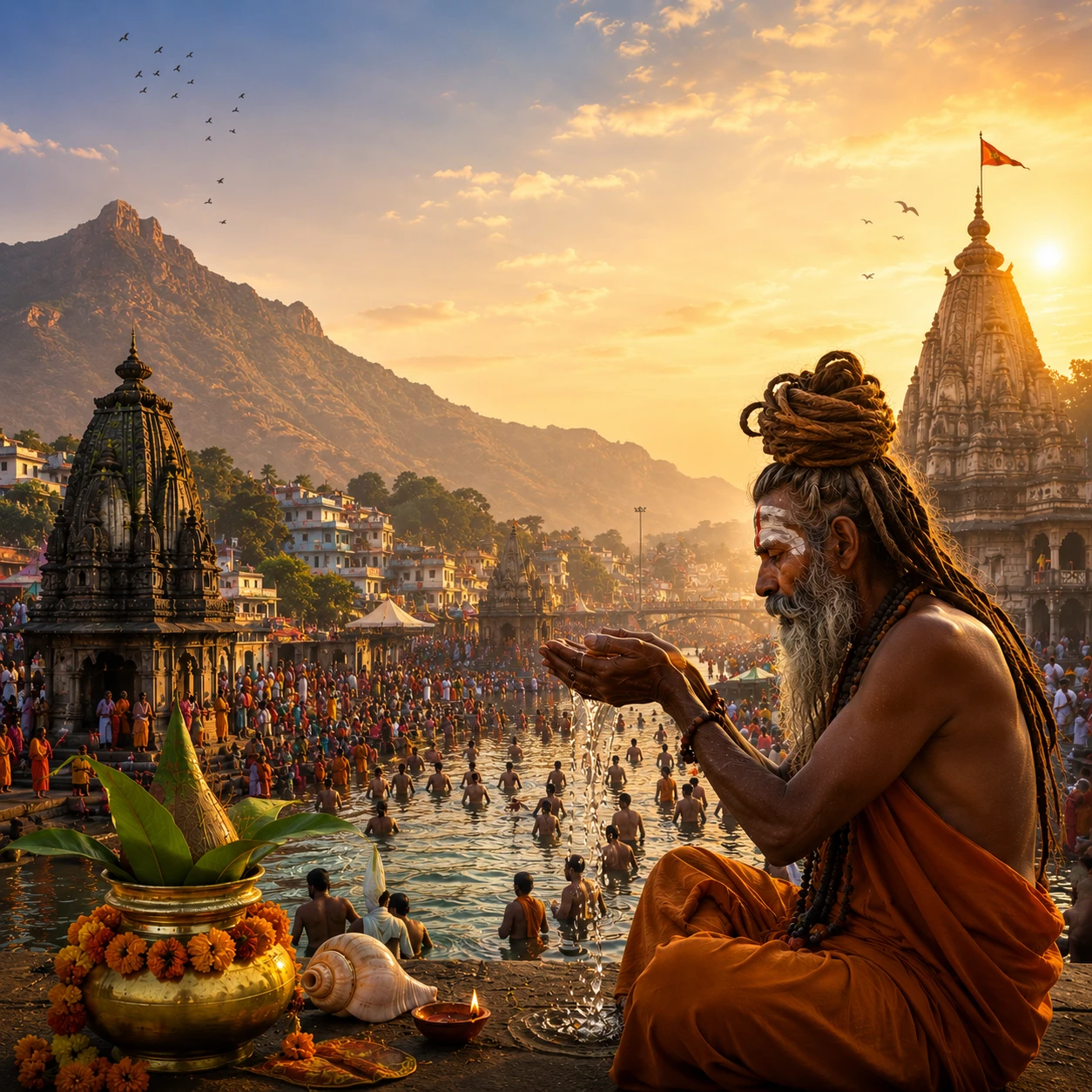 Devotees at the sacred Godavari during Kumbh