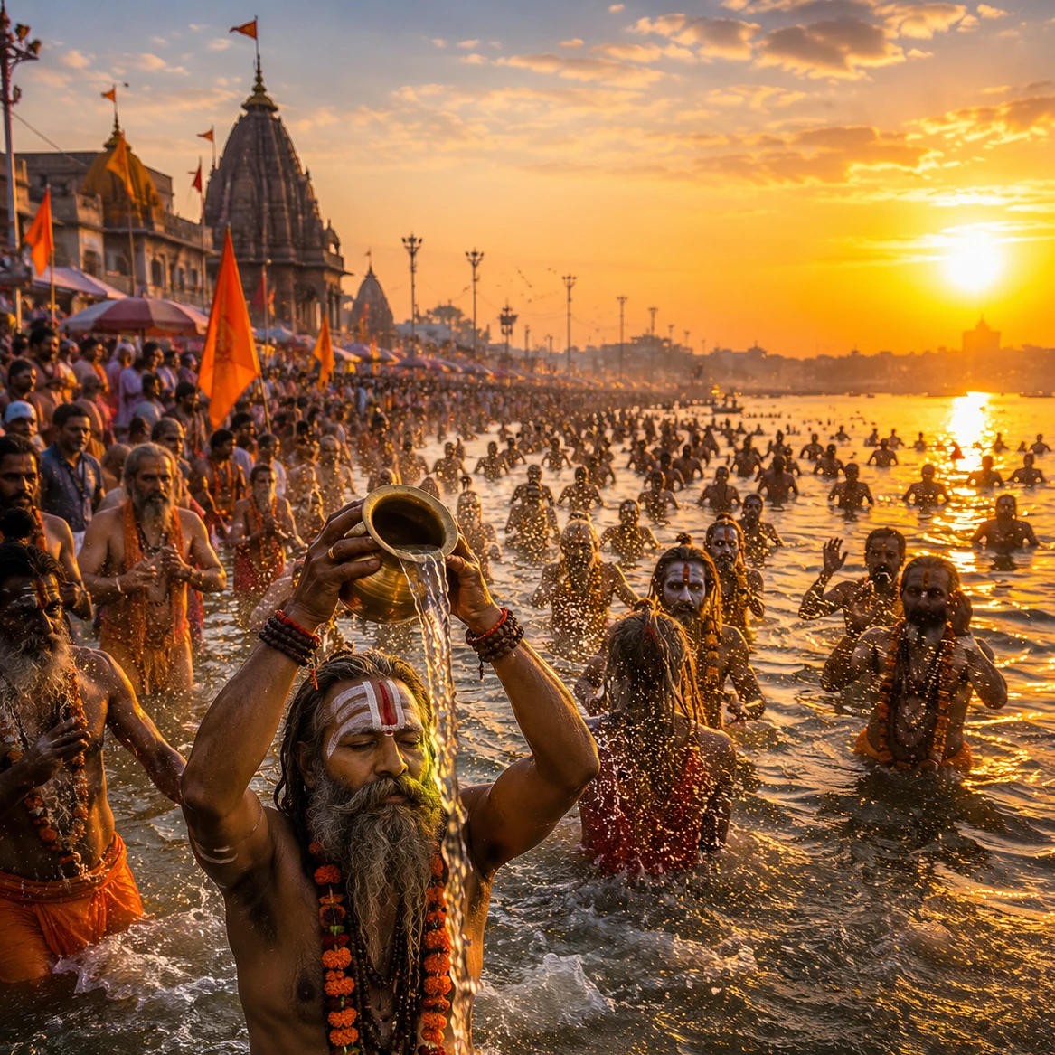 Sacred bathing ritual on the Godavari River
